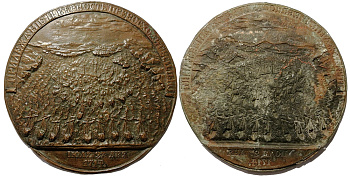 Россия плакетка, медаль 1914 в память 200-летия первой в истории России победы Российского флота над шведской эскадрой у мыса Гангут 27 июля 1714 года, диаметр 160 мм., вес 75 гр.  медь    5-4-4-42