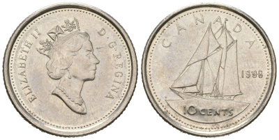 Канада 10 центов 1998 Елизавета II (1952-2022), парусник KM 183 никель 4381-927
