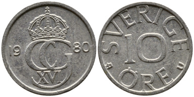 Швеция 10 эре 1980 Карл XVI Густав (1973- ) KM 850 медно-никель 29-1161
