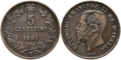 ИТАЛИЯ 5 ЧЕНТЕЗИМО 1861 М, ВИКТОР ИМАНУИЛ II KM 3.2 медь 28-837