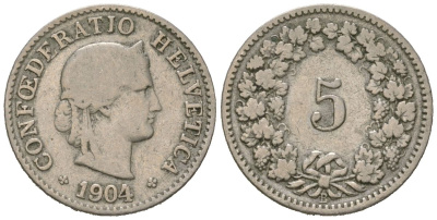 Швейцария 5 раппенов 1904 B KM 26 медно-никель 39-151
