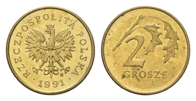 Польша 2 гроша 1991 Y 277 марганец латунь UNC 4674-941