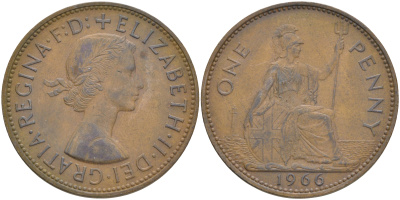 Великобритания 1 пенни 1966 Елизавета II (1952-2022) KM 897, Spink 4157 бронза 4557-1021