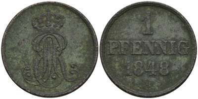 Ганновер 1 пфенниг 1848 B, Эрнст Август (1837-1851) KM 201.1, AKS 129, J. 74 медь 08-1425
