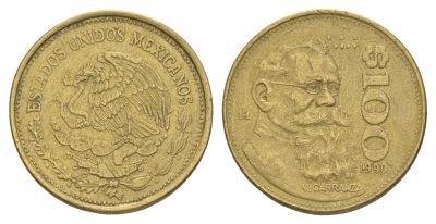 Мексика 100 песо 1990 Мо, Венустиано Карранса де ла Гарса KM 493 алюминиевая бронза 4166-1153