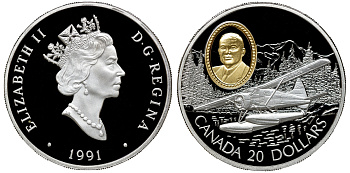 Канада 20 долларов 1991 самолет Де Хэвиленд Бивер, авиатор Филип Кларк Гаррат, в оригинальной коробке с сертификатом, KM 197 серебро, позолота PROOF 7-5-4-16