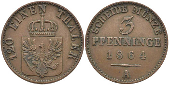 ПРУССИЯ 3 ПФЕННИГА 1864 А, ВИЛЬГЕЛЬМ I (1861-1888) KM 482 медь 117-1057