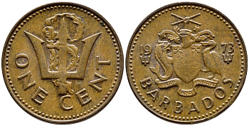Барбадос 1 цент 1973 сломанный трезубец Британии KM 10 бронза 4396-1243