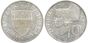 Австрия 10 шиллингов 1958 KM 2882 серебро 4178-1136