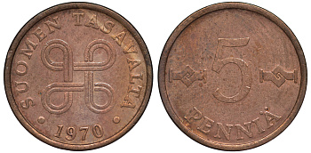 Финляндия 5 пенни 1970 KM 45 медь 3334-1053