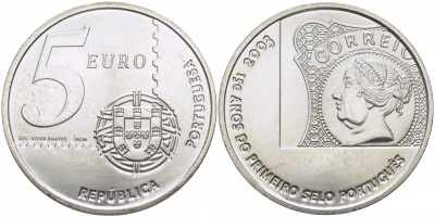 Португалия 5 евро 2003 150 летие первой Португальской марке KM 749 серебро UNC 3896-1125