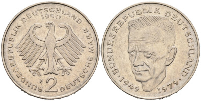 ФРГ 2 МАРКИ 1990 F, КУРТ ШУМАХЕР KM 149, J. 424 медно-никель плакированный никелем 4511-111