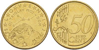 СЛОВЕНИЯ 50 ЕВРОЦЕНТОВ 2007 ГОРЫ И ЗВЁЗДЫ KM 73 латунь UNC 98-1141
