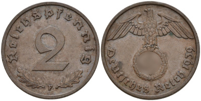 Германия 2 рейхспфеннига 1939 F KM 90, J. 362 бронза 4151-148