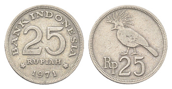 Индонезия 25 рупий 1971 венценосный голубь KM 34 медно-никель 4705-413
