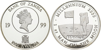 Замбия 1000 квача 1999 миллениум, 30 лет первый человек на Луне (1969-1999) KM 176 серебро PROOF 04-317-43