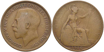 Великобритания 1 пенни 1916 Георг V (1910-1936) KM 810, Spink 4051 бронза 111-1235