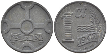 НИДЕРЛАНДЫ 1 ЦЕНТ 1942 ВИЛЬГЕЛЬМИНА I (1891-1948), ГЕРМАНСКАЯ ОККУПАЦИЯ, ВТОРАЯ МИРОВАЯ ВОЙНА KM 170 цинк 4532-1139