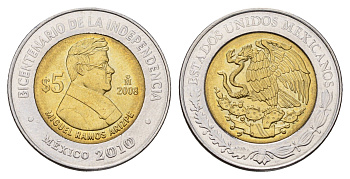 Мексика 5 песо 2008 Двухсотлетие независимости - Мигель Рамос Ариспе KM 904 биметалл UNC 216-1224