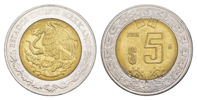 Мексика 5 песо 2016 Mo KM 605 биметалл UNC 4637-715