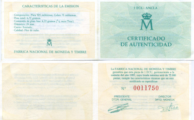 Испания 1 экю 1995 Марина-Эспаньола, в оригинальной деревянной коробке, с сертификатом  серебро  PROOF  4-3-1-09