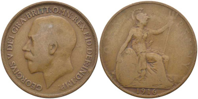 Великобритания 1 пенни 1916 Георг V (1910-1936) KM 810, Spink 4051 бронза 111-1235