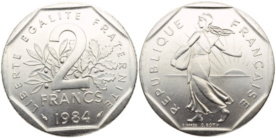 Франция 2 франка 1984 сеятель, тираж 50347 экземпляров KM 942.1, LE FRANC 272.8 никель UNC 1526-1341