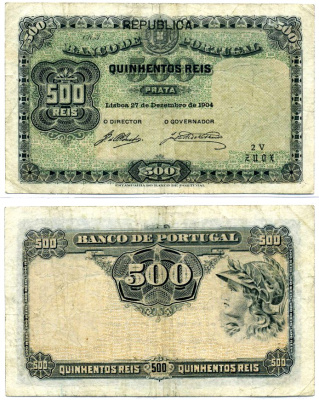 Португалия 500 рейс 1904 27 декабря 1904 Pick 105а  бумага  VF-XF 6280-70-3-2