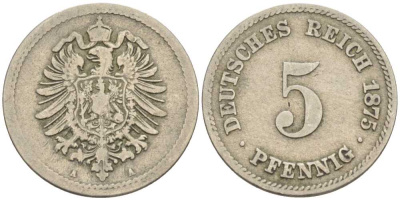 ГЕРМАНИЯ 5 ПФЕННИГОВ 1875 А, СТАРОГЕРБОВКА KM 3, J. 3 медно-никель 100-414