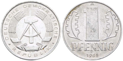 ГДР 1 ПФЕННИГ 1968 А KM 8.1 алюминий 179-1067