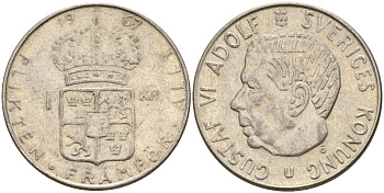 Швеция 1 крона 1967 U, Густав VI Адольф (1950-1973) KM 826 серебро 4150-224
