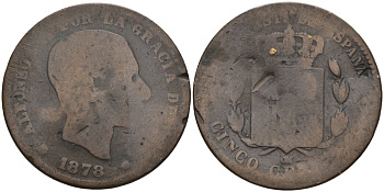 Испания 5 сентимо 1878 OM, АЛЬФОНСО XII KM 674 бронза 4573-921