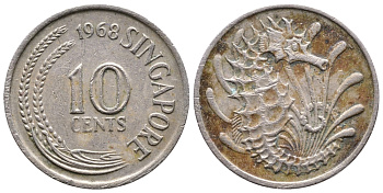 Сингапур 10 центов 1968 морской конек KM 3 медно-никель 177-1148