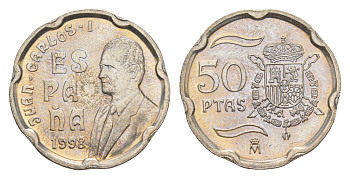 Испания 50 песет 1998 M, Хуан Карлос I (1975-2014) KM 991 медно-никель BU 4621-142