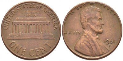 США 1 цент 1961 D, Авраам Линкольн KM 201 медь цинк 105-1051