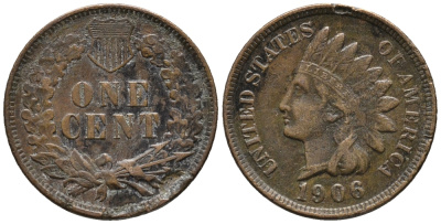 США 1 ЦЕНТ 1906 ГОЛОВА ИНДЕЙЦА KM 90а бронза 66-168