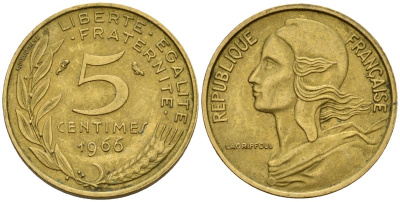 Франция 5 сантимов 1966 KM 933 алюминиевая бронза 4152-432