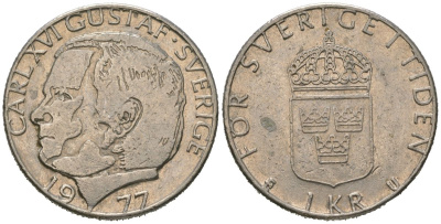 Швеция 1 крона 1977 Карл XVI Густав (1973- ) KM 852 медь плакированная медно-никелем 4620-415