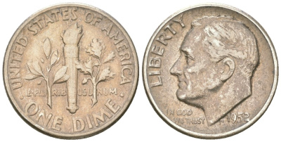 США 10 центов (дайм) 1952 президент Рузвельт KM 195 серебро 4549-823