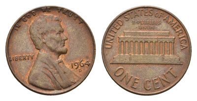 США 1 цент 1964 D, Линкольн KM 201 медь цинк 4684-155