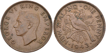 Новая Зеландия 1 пенни 1943 Георг VI (1936-1952), новозеландский туи KM 13 бронза 4368-222