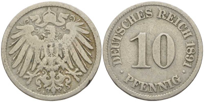 ГЕРМАНИЯ 10 ПФЕННИГОВ 1891 A KM 12, J. 13 медно-никель 4401-922