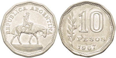 Аргентина 10 песо 1967 Гаучо KM 60 никелированная сталь 4514-944