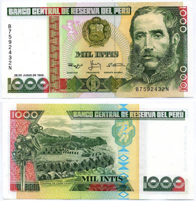 Перу 1000 инти 1988 Андрес Авелино Касерес, руины Чан-Чан Pick 136 b бумага UNC (пресс) 8589-43-1-1
