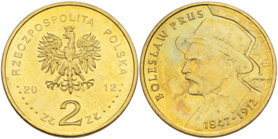Польша 2 злотых 2012 MW, 100 лет со дня смерти Болеслава Пруса (1847-1912) KM 838 нордик UNC 4565-712