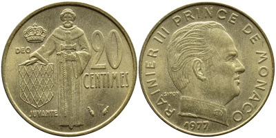 Монако 20 сантимов 1977 Ренье III (1949-2005) KM 143 алюминиевая бронза 4393-1244