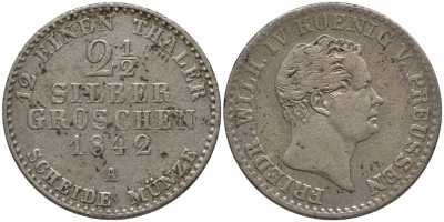 ПРУССИЯ 2 1/2 ЗИЛЬБЕРГРОША 1842 A KM 444 серебро 00-00