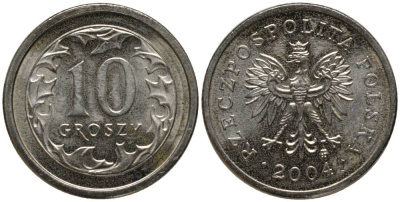 Польша 10 грошей 2004 MW KM 279 медно-никель UNC 218-357