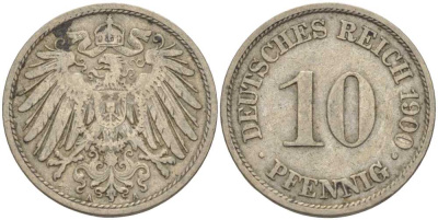 Германия 10 пфеннигов 1900 A KM 12, J. 13 медно-никель 4401-1137