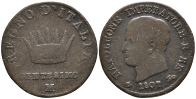 ИТАЛИЯ, КОРОЛЕВСТВО НАПОЛЕОНА 1 ЧЕНТЕЗИМО 1807 M, НАПОЛЕОН БОНАПАРТ KM 1.2 медь 100-531